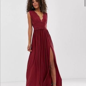 ASOS DESIGN Premium Lace Insert Pleated Maxi Dress in Oxblood. Size 6 Tall.